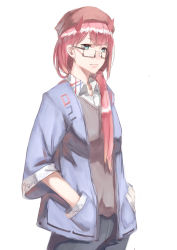 Rule 34 | 10s, 1girl, absurdres, aqua eyes, blue jacket, darling in the franxx, expressionless, glasses, hair over shoulder, hands in pockets, hat, highres, horns, jacket, liudaohai6001, long hair, pants, pink hair, ponytail, shirt, simple background, solo, sweater, white shirt, zero two (darling in the franxx)