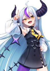 Rule 34 | 1girl, ahoge, ascot, black dress, black nails, braid, braided bangs, chest harness, collared dress, demon girl, demon horns, detached sleeves, double-parted bangs, dress, grey hair, hand on own hip, harness, highres, hololive, horns, index fingers raised, la+ darknesss, la+ darknesss (1st costume), long hair, looking at viewer, multicolored hair, nail polish, nishiuji, pantyhose, pointy ears, purple hair, purple pantyhose, short dress, side slit, single leg pantyhose, sleeveless, sleeveless dress, slit pupils, solo, streaked hair, tail, very long hair, virtual youtuber, white sleeves, yellow ascot, yellow eyes
