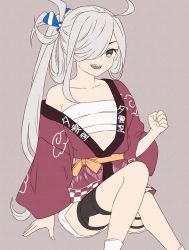 Rule 34 | 1girl, absurdres, asashimo (kancolle), chest sarashi, clenched hand, commentary request, grey background, grey eyes, hair between eyes, hair over one eye, hair ribbon, happi, highres, invisible chair, japanese clothes, kanmiya shinobu, kantai collection, long hair, long sleeves, looking at viewer, off shoulder, official alternate costume, open mouth, ponytail, ribbon, sarashi, sharp teeth, simple background, sitting, solo, teeth, thigh strap, very long hair