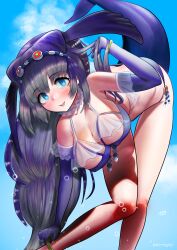 Rule 34 | 1girl, absurdres, aburaeoyaji, animal ears, bare shoulders, bent over, bikini, blue bikini, blue eyes, blue hair, blue sky, blush, breasts, elbow gloves, fins, frills, gloves, grey hair, highres, kemono friends, large breasts, long hair, looking at viewer, midriff, multicolored hair, sky, smile, solo, steller&#039;s sea cow (kemono friends), swimsuit, tail