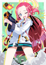 Rule 34 | 1girl, aiming, blue archive, blue eyes, blush, forehead, game console, grenade launcher, hair ribbon, halo, highres, jacket, long hair, m320, modular weapon system, omochishiki, one eye closed, open mouth, ribbon, robot, school uniform, simple background, solo, stand-alone configuration, weapon, yuzu (blue archive)
