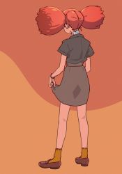 Rule 34 | 1girl, black shirt, brown background, brown footwear, brown skirt, clothes lift, commentary request, copyright request, facing away, full body, highres, lifting own clothes, loafers, orange socks, red background, red hair, shirt, shoes, short sleeves, sirataki umauma, skirt, skirt lift, socks, solo, standing, twintails, two-tone background