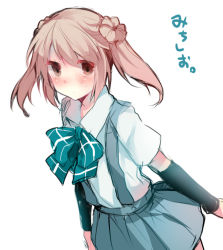 Rule 34 | 10s, 1girl, arm warmers, bad id, bad pixiv id, blush, bow, bowtie, brown eyes, brown hair, character name, double bun, ikeuchi tanuma, kantai collection, looking at viewer, michishio (kancolle), pleated skirt, skirt, suspenders, translation request, twintails, white background