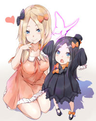 Rule 34 | 2girls, abigail williams (fate), aged up, arms up, black bow, black dress, black headwear, black legwear, blonde hair, bloomers, blue eyes, blush, bow, breasts, bug, butterfly, closed mouth, dress, fate/grand order, fate (series), forehead, hair bow, hat, heart, highres, insect, kneeling, large breasts, long hair, long sleeves, looking at viewer, mother and daughter, multiple girls, multiple hair bows, open mouth, orange bow, orange dress, parted bangs, polka dot, polka dot bow, saku (kudrove), short sleeves, simple background, sleeves past fingers, sleeves past wrists, smile, thighs, underwear, white background, white bloomers