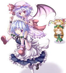 Rule 34 | 4girls, :3, = =, absurdres, apron, arm up, ascot, aya-on (miria00), bat wings, blonde hair, blue eyes, blue hair, blush stickers, bobby socks, bow, braid, breasts, brooch, carrying, chibi, chinese clothes, fang, female focus, flandre scarlet, hair bow, hand on another&#039;s head, hat, hat ribbon, highres, hong meiling, izayoi sakuya, jewelry, light brown hair, light purple hair, long hair, looking at viewer, maid, maid apron, maid headdress, mary janes, mob cap, multiple girls, o o, on head, one eye closed, open mouth, pantyhose, person on head, puffy short sleeves, puffy sleeves, red eyes, remilia scarlet, ribbon, shoes, short hair, short sleeves, shoulder carry, simple background, skirt, skirt set, socks, star (symbol), touhou, twin braids, waist apron, white background, wings, wink, wrist cuffs