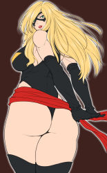 Rule 34 | 1girl, animification, arms behind back, ass, bare shoulders, black gloves, black thighhighs, blonde hair, breasts, brown background, carol danvers, curvy, domino mask, elbow gloves, female focus, flat color, from behind, gloves, green eyes, highleg, highleg leotard, huge ass, large breasts, leotard, lipstick, long hair, looking at viewer, looking back, makeup, marvel, mask, ms. marvel, outline, parted lips, plump, sash, shouji nigou, simple background, solo, superhero costume, thick thighs, thighhighs, thighs, thong, thong leotard, wide hips