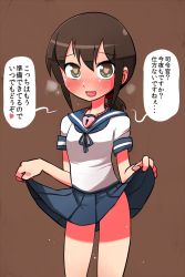 Rule 34 | 10s, 1girl, blush, breath, brown hair, clothes lift, fubuki (kancolle), heart, heart-shaped lock, heart-shaped pupils, heart necklace, highres, jewelry, kantai collection, lock, looking at viewer, naughty face, necklace, no panties, open mouth, pleated skirt, ponytail, rariatto (ganguri), school uniform, serafuku, short hair, skirt, skirt lift, smile, sweat, symbol-shaped pupils, translated