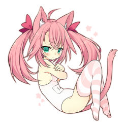 Rule 34 | 1girl, :&lt;, ahoge, animal ear fluff, animal ears, bad id, bad pixiv id, blush, bow, breasts, cat ears, cat tail, green eyes, hair bow, long hair, mofuaki, nail polish, one-piece swimsuit, original, pink hair, school swimsuit, sideboob, small breasts, socks, solo, striped clothes, striped socks, striped thighhighs, swimsuit, tail, thighhighs, twintails, white one-piece swimsuit