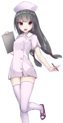 Rule 34 | 1girl, :d, black hair, blunt bangs, blush, clipboard, hat, heavens thunder (byakuya-part2), holding, holding pen, leg up, long hair, looking at viewer, low-tied long hair, low twintails, nurse, nurse cap, open mouth, original, pen, pink thighhighs, red eyes, short sleeves, simple background, smile, solo, standing, standing on one leg, thighhighs, twintails, very long hair, white background