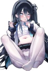 Rule 34 | 1girl, absurdly long hair, absurdres, aris (blue archive), black hair, black hairband, black skirt, blue archive, blue eyes, blue necktie, blush, buttons, cellphone, collared shirt, fingernails, hairband, highres, holding, holding phone, jacket, jihua tong, long hair, long sleeves, looking at viewer, navel, necktie, one side up, open clothes, open jacket, panties, panties under pantyhose, pantyhose, parted lips, phone, pleated skirt, shirt, simple background, skirt, smartphone, solo, striped clothes, striped panties, thighband pantyhose, underwear, very long hair, white background, white jacket, white panties, white shirt