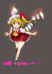Rule 34 | 1girl, ascot, blonde hair, bow, flandre scarlet, grey background, hat, hat bow, monrooru, open mouth, red eyes, sash, side ponytail, solo, touhou, wings