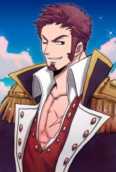 Rule 34 | 1boy, alternate hairstyle, blue eyes, brown hair, epaulettes, facial hair, fate/grand order, fate (series), fringe trim, goatee, jacket, long sideburns, long sleeves, looking at viewer, pectoral cleavage, male focus, military, military uniform, muscular, napoleon bonaparte (fate), open clothes, open jacket, oxcx open, pectorals, scar, sideburns, simple background, sky, smile, solo, unbuttoned, uniform