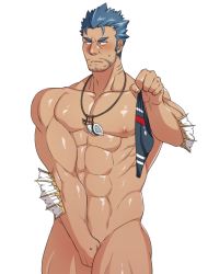 Rule 34 | 1boy, abs, asutarou, bara, beard, black male swimwear, blue hair, blush, completely nude, covering crotch, covering privates, cowboy shot, facial hair, fins, fish boy, groin, jewelry, large pectorals, long sideburns, male focus, male swimwear, mature male, muscular, muscular male, necklace, nipples, nude, pectorals, shell, shell necklace, short hair, sideburns, solo, stomach, stubble, sweatdrop, swim briefs, thick thighs, thighs, tokyo houkago summoners, triton (housamo)