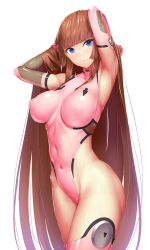 Rule 34 | 1girl, armpits, arms up, arrow print, bare hips, blue eyes, breasts, brown hair, closed eyes, commentary request, covered navel, cowboy shot, elbow gloves, gloves, hands in hair, highleg, highleg leotard, impossible clothes, impossible leotard, kageshio (276006), koukawa asuka, large breasts, leotard, long hair, looking at viewer, pink gloves, pink leotard, pink thighhighs, simple background, skin tight, smile, solo, straight hair, taimanin (series), thighhighs, very long hair, white background