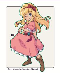 Rule 34 | 1girl, aged down, blonde hair, blue eyes, boots, bow, braid, breasts, brown footwear, castlevania (series), castlevania: rondo of blood, closed mouth, collared dress, commentary request, dress, full body, green outline, grey background, hair between eyes, hair bow, hairband, long hair, maria renard, mawaru (mawaru), one eye closed, outline, pink dress, puffy short sleeves, puffy sleeves, red bow, red hairband, short sleeves, small breasts, solo, standing, tongue, tongue out, twin braids, two-tone background, very long hair, white background