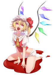 Rule 34 | 1girl, absurdres, ascot, bare legs, barefoot, blonde hair, blood, blood on face, blood on teeth, blood stain, blood on clothes, bloomers, fangs, female focus, flandre scarlet, hat, hat ribbon, highres, no pants, open mouth, pointy ears, pool of blood, puchiman, red eyes, ribbon, short hair, side ponytail, sitting, solo, teeth, embodiment of scarlet devil, touhou, underwear, vampire, wariza, wings