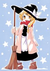 Rule 34 | 1girl, apron, asameshi, black hat, black skirt, black vest, blonde hair, blue background, blush, bow, broom, brown footwear, commentary, full body, hair bow, hat, hat bow, holding, holding broom, kirisame marisa, long hair, long sleeves, looking at viewer, open mouth, pink sweater, red scarf, scarf, skirt, sleeves past wrists, solo, star (symbol), sweater, touhou, vest, waist apron, white bow, witch hat, yellow eyes
