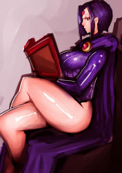 Rule 34 | 1girl, animification, book, breasts, cape, crossed legs, dc comics, large breasts, purple eyes, purple hair, raven (dc), short hair, sitting, solo, teen titans, thighs, zxc