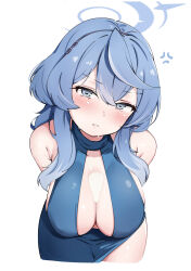 Rule 34 | 1girl, absurdres, ako (blue archive), ako (dress) (blue archive), anger vein, blue archive, blue dress, blue eyes, blue hair, blue halo, blush, breasts, cleavage, closed mouth, cowboy shot, dress, hair between eyes, halo, highres, komasi, large breasts, long hair, looking at viewer, simple background, sleeveless, sleeveless dress, solo, suggestive fluid, white background