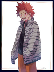 Rule 34 | 1boy, adcalcium, animal print, black border, black shirt, boku no hero academia, border, collared shirt, commentary request, cowboy shot, hands in pockets, highres, jacket, kirishima eijirou, long sleeves, looking at viewer, male focus, open clothes, open jacket, open mouth, orange pants, outside border, pants, print jacket, red eyes, red hair, sharp teeth, shirt, short hair, signature, simple background, smile, solo, spiked hair, standing, teeth, tiger print, white background, white jacket