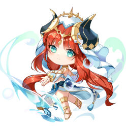 Rule 34 | 1girl, arabian clothes, bare back, blunt bangs, chibi, circlet, commentary request, dancing, fake horns, from side, full body, genshin impact, gladiator sandals, green eyes, harem outfit, highres, horns, jewelry, long hair, long sleeves, looking at viewer, looking to the side, low twintails, midriff, neck ring, nilou (genshin impact), outstretched arms, red hair, sandals, sidelocks, simple background, smile, solo, spread arms, standing, standing on one leg, thighlet, twintails, veil, white background, xi xi (lyamato)
