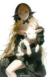 Rule 34 | 1girl, absurdres, animal, asymmetrical bangs, bare shoulders, black dress, blonde hair, breasts, chinese commentary, collarbone, commentary request, detached sleeves, dress, dungeon meshi, duoj ji, fur trim, goat, green eyes, head scarf, highres, holding, holding animal, long dress, long hair, marcille donato, marcille donato (lord), medium breasts, mini wings, signature, sitting, sleeves past wrists, solo, spoilers, strapless, strapless dress, white background, wings
