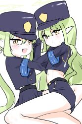 Rule 34 | 2girls, absurdres, armband, black hat, black jacket, black skirt, blue archive, blue armband, closed mouth, fang, from side, green hair, green halo, hair between eyes, halo, hat, highres, jacket, long hair, looking at viewer, looking to the side, midriff, multiple girls, navel, open mouth, pointy ears, sharp to sharp, simple background, skirt, smile, white background, yellow eyes