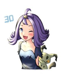 Rule 34 | ;d, acerola (pokemon), ahoge, blue eyes, collarbone, creatures (company), dress, game freak, gen 7 pokemon, hair ornament, hairclip, looking at viewer, mimikyu, nintendo, one eye closed, open mouth, pinguinkotak, pokemon, pokemon (creature), pokemon sm, purple dress, purple hair, short hair, short sleeves, smile, upper body