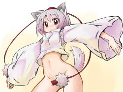 Rule 34 | 1girl, :&lt;, animal ears, bottomless, censored, convenient censoring, female focus, groin, hat, hip focus, inubashiri momiji, mirino, navel, outstretched arms, pink hair, red eyes, solo, spread arms, sweatdrop, tail, tokin hat, touhou, wide sleeves, wolf ears