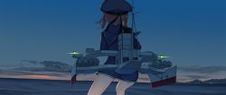 Rule 34 | 10s, 1girl, bare legs, blue dress, blue sky, brown hair, city lights, cloud, dress, dusk, from behind, hat, kantai collection, outdoors, rigging, ruisento, sailor collar, sailor dress, sailor hat, short dress, short hair, sky, smokestack, solo, torpedo tubes, z3 max schultz (kancolle)