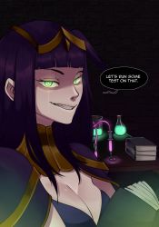 Rule 34 | 1girl, 1koma, absurdres, blunt bangs, book, breasts, cleavage, comic, english text, eyelashes, fire emblem, fire emblem awakening, glowing, glowing eyes, green eyes, grin, highres, kinjero, large breasts, long hair, looking at viewer, nintendo, open book, purple hair, shaded face, smile, solo, tharja (fire emblem), tiara, upper body