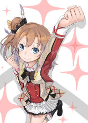 Rule 34 | 10s, 1girl, absurdres, bad id, bad pixiv id, blue eyes, bow, brown hair, clenched hands, frilled skirt, frills, highres, kosaka honoka, leg up, long sleeves, looking at viewer, love live!, love live! school idol project, outstretched arms, raised fist, ranf, side ponytail, skirt, smile, solo, sore wa bokutachi no kiseki