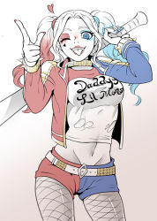 Rule 34 | 1girl, baseball bat, batman (series), blonde hair, colored tips, dc comics, fishnets, harley quinn, jacket, lipstick, makeup, multicolored hair, one eye closed, solo, suicide squad, twintails, weapon, wink