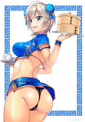 Rule 34 | 10s, 1girl, anastasia (idolmaster), ashita (2010), ass, bad id, bad pixiv id, bamboo steamer, black panties, blue eyes, breasts, bun cover, chinese clothes, cowboy shot, double bun, earrings, from behind, hair bun, idolmaster, idolmaster cinderella girls, impossible clothes, jewelry, looking at viewer, looking back, panties, short hair, signature, silver hair, simple background, solo, tray, underwear