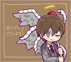 Rule 34 | 1boy, @ @, apple, black necktie, brown hair, collared shirt, commentary request, employee (project moon), eyebrows hidden by hair, food, fruit, grey eyes, grey jacket, grey vest, hair between eyes, hatake shimeji, jacket, lobotomy corporation, long sleeves, lowres, male focus, necktie, no nose, one eye closed, open clothes, open jacket, project moon, shirt, short hair, smile, snake, solo, translation request, vest, white shirt, white snake