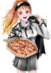 Rule 34 | 1girl, absurdres, black coat, black skirt, blonde hair, blush, bright pupils, coat, cowboy shot, food, fruit, gradient hair, grey shirt, ham, hawaiian pizza, highres, holding, holding food, holding pizza, long sleeves, looking at viewer, moffumoto, multicolored hair, open mouth, original, pineapple, pizza, pizza box, pleated skirt, red eyes, red hair, shirt, simple background, skirt, smile, solo, white background, white pupils, yellow nails