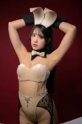 Rule 34 | 1girl, adapted costume, animal ears, arm support, arms up, asian, bare legs, bare shoulders, black gloves, black hair, curvy, detached collar, fake animal ears, fake tail, garter straps, gloves, hat, highleg, highleg panties, highres, japanese (nationality), leotard, lips, long hair, looking at viewer, model, panties, photo (medium), playboy bunny, rabbit ears, rabbit tail, real life, ririkana, shiny clothes, shiny skin, simple background, skindentation, solo, tail, thighhighs, thong, underwear, uniform