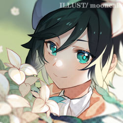 Rule 34 | 1boy, androgynous, beret, black hair, blue hair, blurry, blurry background, blush, braid, cape, closed mouth, commentary request, english text, flower, genshin impact, gradient hair, green eyes, green hat, hat, hat flower, kokyuu (youxiangzhou), looking at viewer, male focus, multicolored hair, shirt, short hair with long locks, simple background, smile, solo, twin braids, venti (genshin impact), white flower, white shirt