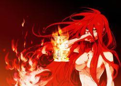 Rule 34 | 1girl, blood, fire, fur, gime, hair censor, hair over breasts, long hair, no bra, red hair, shut hell, shut hell (character), sign, solo, symbol