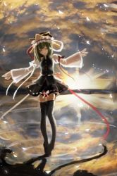 1girl bad_id bad_pixiv_id black_thighhighs closed_eyes female_focus green_hair hat hat_ribbon juliet_sleeves long_sleeves outstretched_arms puffy_sleeves ribbon shiki_eiki shirt skirt skirt_set smile solo sunset thighhighs touhou urabe_michiru vest wide_sleeves zettai_ryouiki