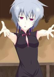 Rule 34 | 1girl, breasts, china dress, chinese clothes, darker than black, dress, female focus, gradient background, highres, outstretched arms, purple eyes, silver hair, solo, yin (darker than black)