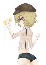 Rule 34 | 1boy, alziv, androgynous, ass, blonde hair, blue eyes, child, frown, hat, looking back, male focus, multicolored eyes, original, purple eyes, shirt, short hair, short shorts, shorts, soap bubbles, solo, sponge, suspenders, transparent background, trap, wet, wet clothes, wet shirt