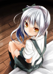 Rule 34 | 10s, 1girl, arm warmers, brown eyes, commentary request, kantai collection, kasumi (kancolle), kurona, long hair, looking at viewer, school uniform, serafuku, shirt, short sleeves, silver hair, sitting, skirt, slippers, solo, suspenders, wooden floor