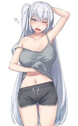 Rule 34 | 1girl, absurdres, arm up, blunt bangs, blush, breasts, camisole, covered erect nipples, cowboy shot, fuyutsuki (kancolle), grey eyes, grey hair, highres, kantai collection, kiritto, large breasts, long hair, looking at viewer, navel, no bra, one eye closed, one side up, open mouth, shorts, simple background, solo, strap slip, white background
