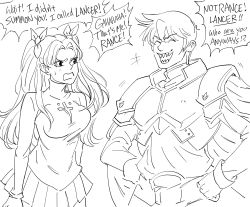 Rule 34 | +++, 1boy, 1girl, :d, armor, bad id, bb (baalbuddy), bow, breastplate, commentary, cross, crossover, english commentary, english text, closed eyes, fate/stay night, fate (series), greyscale, hair bow, hands on own hips, highres, inactive account, instant loss, latin cross, laughing, monochrome, open mouth, pauldrons, pleated skirt, rance, rance (series), sharp teeth, shirt, shoulder armor, skirt, smile, teeth, tohsaka rin, two side up, white background