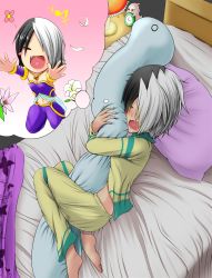 Rule 34 | 1girl, bare shoulders, barefoot, bed, black hair, blush, blush stickers, brave dungeon, dreaming, drooling, closed eyes, fang, flower, heart, heart in mouth, highres, majin shoujo, multicolored hair, hugging object, open mouth, pajamas, pillow, pillow hug, silver hair, sleeping, smile, solo, watame (amarygent), zizou olympia