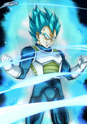 Rule 34 | 1boy, armor, aura, blue eyes, blue hair, blue theme, clenched hands, dragon ball, dragonball z, gloves, grin, highres, looking at viewer, male focus, matching hair/eyes, shimura kenshirou, smile, solo, spiked hair, super saiyan, super saiyan blue, vegeta, watermark, white gloves, widow&#039;s peak