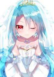 Rule 34 | absurdres, ahoge, bare shoulders, blanc (neptunia), blue hair, breasts, bridal veil, bride, cleavage, dress, hair between eyes, highres, jewelry, long hair, necklace, neptune (series), one eye closed, power symbol-shaped pupils, rairai vortext, red eyes, simple background, small breasts, smile, solo, symbol-shaped pupils, tiara, vail, veil, wedding dress, white background, white heart (neptunia), wink