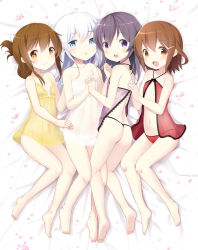 Rule 34 | 10s, 4girls, akatsuki (kancolle), ass, babydoll, back, bad id, bad pixiv id, bare legs, bare shoulders, barefoot, bed sheet, bell (oppore coppore), black panties, blue eyes, blush, brown eyes, brown hair, commentary request, female focus, folded ponytail, hair between eyes, hair ornament, hairclip, hibiki (kancolle), highres, holding hands, ikazuchi (kancolle), inazuma (kancolle), interlocked fingers, kantai collection, long hair, looking at viewer, lying, messy hair, multiple girls, navel, on back, on side, open mouth, panties, purple eyes, purple hair, red panties, see-through, short hair, silver hair, smile, thong, underwear, white panties, yellow panties