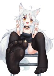 Rule 34 | 1girl, absurdres, ahoge, animal ear fluff, animal ears, black thighhighs, blush, camisole, collar, commission, commissioner upload, double v, fang, feet, female focus, foot focus, hair ornament, hairclip, highres, indie virtual youtuber, kamiko kana, kilabo, long hair, looking at viewer, multicolored hair, open mouth, panties, sitting, skeb commission, smile, solo, strapless, thighhighs, underwear, underwear only, v, virtual youtuber, white hair, white panties, yellow eyes